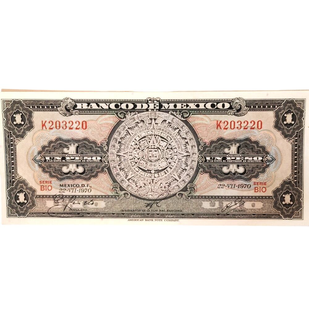 1970 Mexico 1 Peso Banknote Banco de Mexico Serie B10 UNC Aztec Calendar